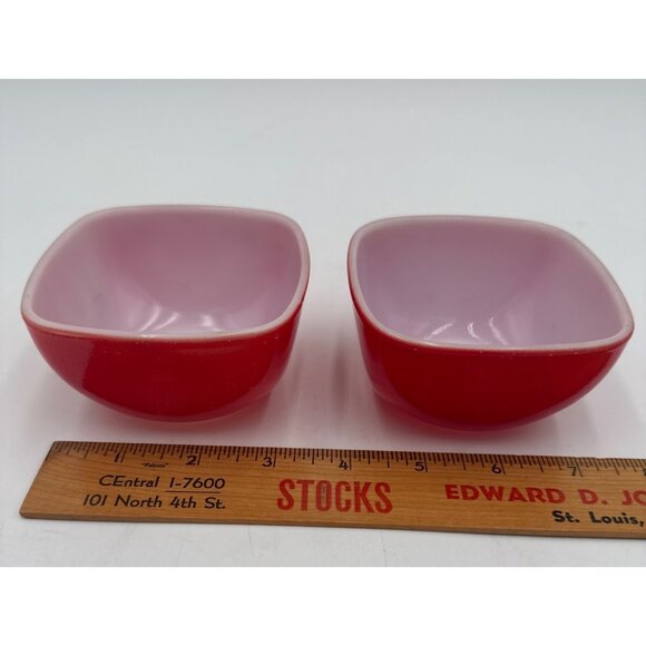 Two Vtg Pyrex #407 7oz Red Square Hostess Ramekin Snack Dish Bowls - Picture 8 of 9